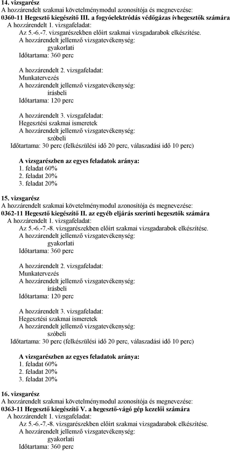 az egyéb eljárás szerinti hegesztők számára Az 5.-6.-7.-8. vizsgarészekben előírt szakmai vizsgadarabok elkészítése. Időtartama: 360 perc Munkatervezés írásbeli A hozzárendelt 3.