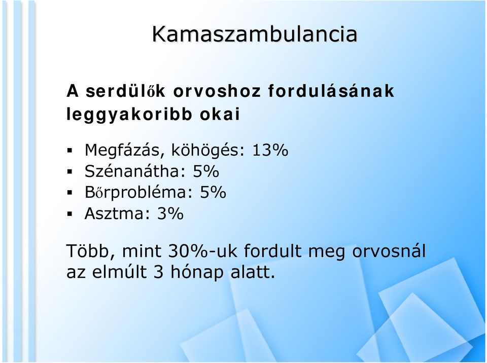 köhögés: 13% Szénanátha: 5% Bőrprobléma: 5%