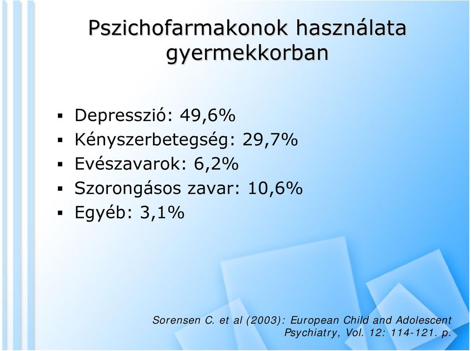 Szorongásos zavar: 10,6% Egyéb: 3,1% Sorensen C.