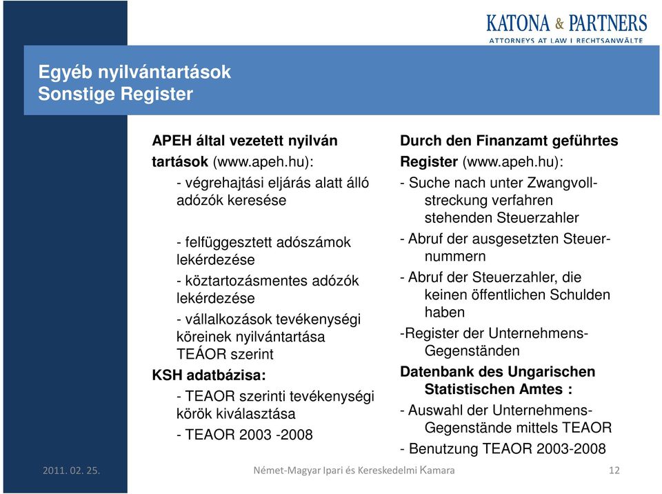 szerint KSH adatbázisa: - TEAOR szerinti tevékenységi körök kiválasztása - TEAOR 2003-2008 Durch den Finanzamt geführtes Register (www.apeh.