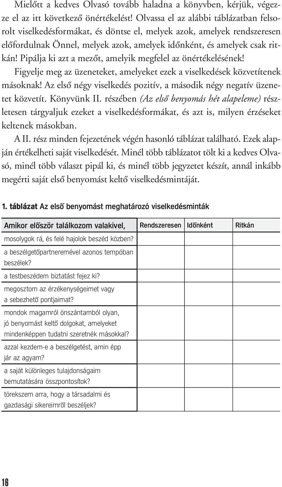 Pipálja ki azt a mezôt, amelyik megfelel az önértékelésének! Figyelje meg az üzeneteket, amelyeket ezek a viselkedések közvetítenek másoknak!