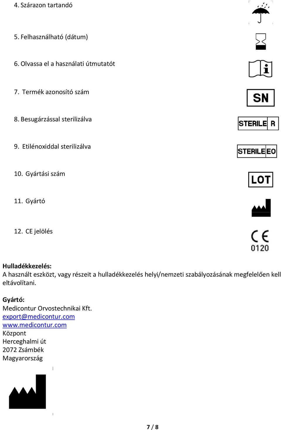CE jelölés Hulladékkezelés: A használt eszközt, vagy részeit a hulladékkezelés helyi/nemzeti szabályozásának
