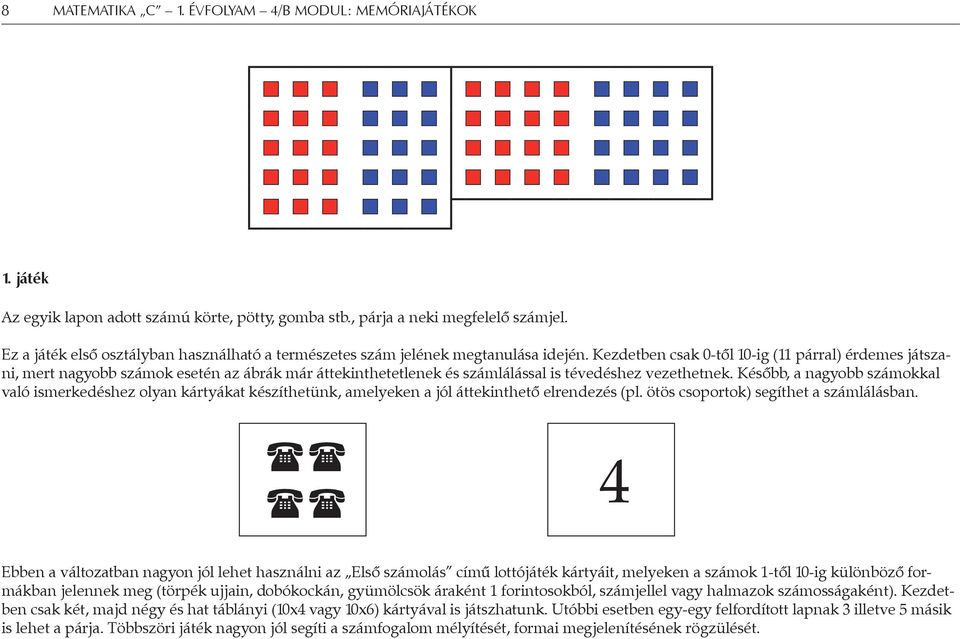 Később, a nagyobb számokkal való ismerkedéshez olyan kártyákat készíthetünk, amelyeken a jól áttekinthető elrendezés (pl. ötös csoportok) segíthet a számlálásban.