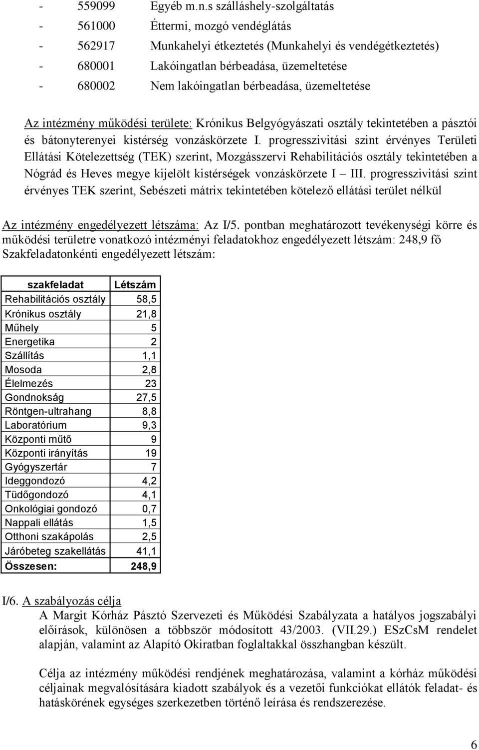 bérbeadása, üzemeltetése Az intézmény működési területe: Krónikus Belgyógyászati osztály tekintetében a pásztói és bátonyterenyei kistérség vonzáskörzete I.