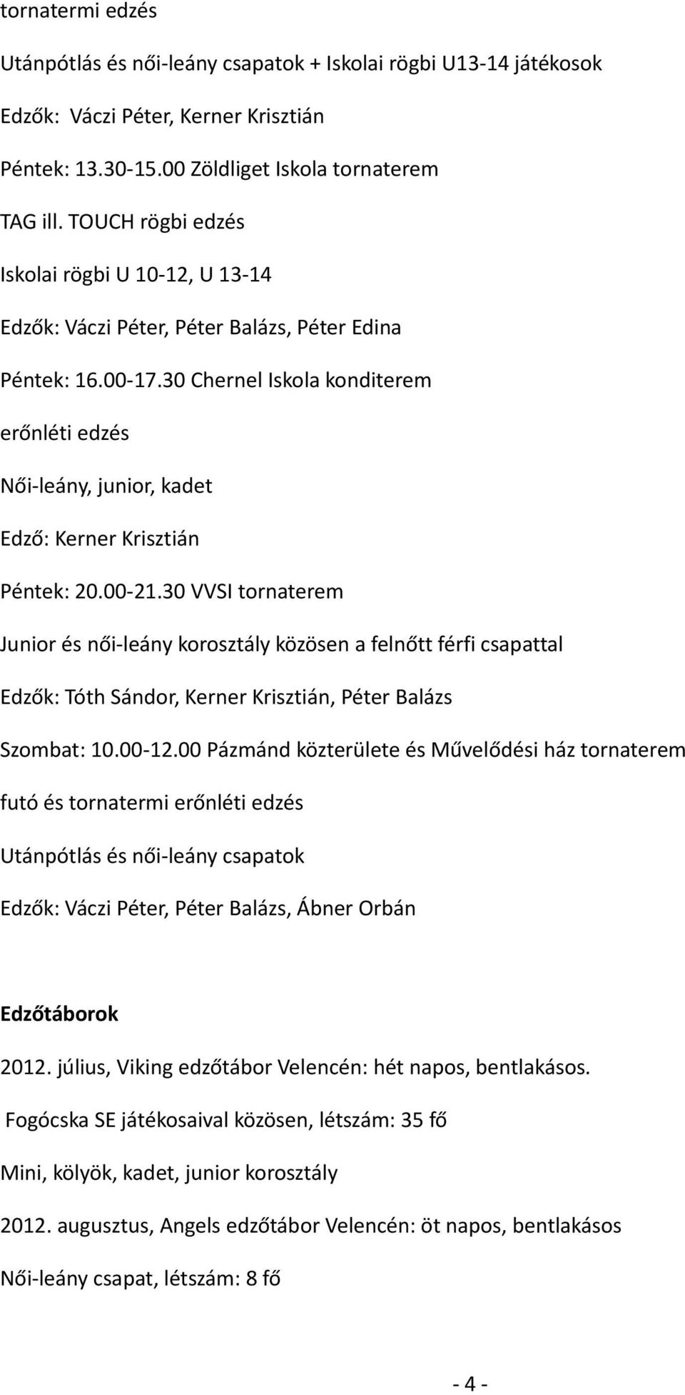 30 Chernel Iskola konditerem erőnléti edzés Női-leány, junior, kadet Edző: Kerner Krisztián Péntek: 20.00-21.