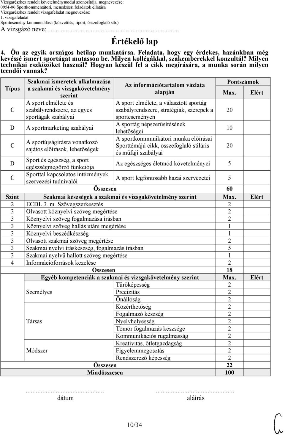 Típus Szakmai ismeretek alkalmazása a szakmai és vizsgakövetelmény szerint A sport elmélete és szabályrendszere, az egyes sportágak szabályai A sportmarketing szabályai A sportújságírásra vonatkozó