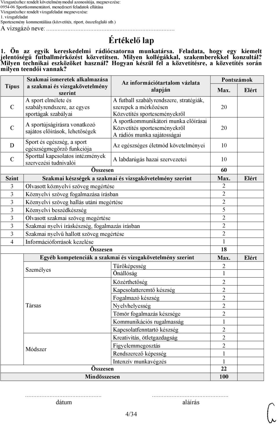 Típus Szakmai ismeretek alkalmazása a szakmai és vizsgakövetelmény szerint A sport elmélete és szabályrendszere, az egyes sportágak szabályai A sportújságírásra vonatkozó sajátos előírások,