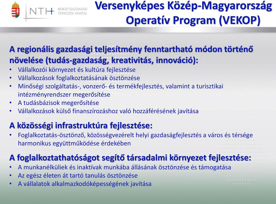 Vállalkozások külső finanszírozáshoz való hozzáférésének javítása A közösségi infrastruktúra fejlesztése: Foglalkoztatás-ösztönző, közösségvezérelt helyi gazdaságfejlesztés a város és térsége