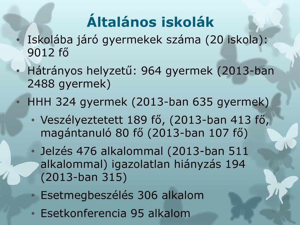 (2013-ban 413 fő, magántanuló 80 fő (2013-ban 107 fő) Jelzés 476 alkalommal (2013-ban 511