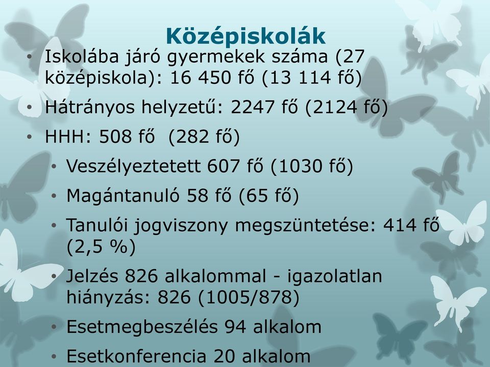 Magántanuló 58 fő (65 fő) Tanulói jogviszony megszüntetése: 414 fő (2,5 %) Jelzés 826