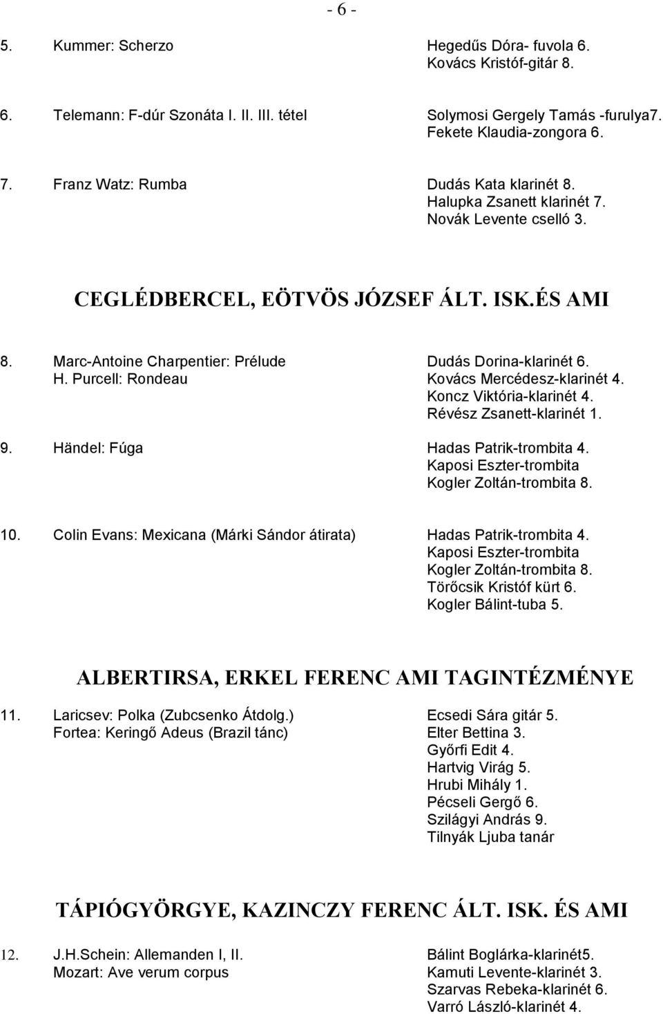 H. Purcell: Rondeau Kovács Mercédesz-klarinét 4. Koncz Viktória-klarinét 4. Révész Zsanett-klarinét 1. 9. Händel: Fúga Hadas Patrik-trombita 4. Kaposi Eszter-trombita Kogler Zoltán-trombita 8. 10.