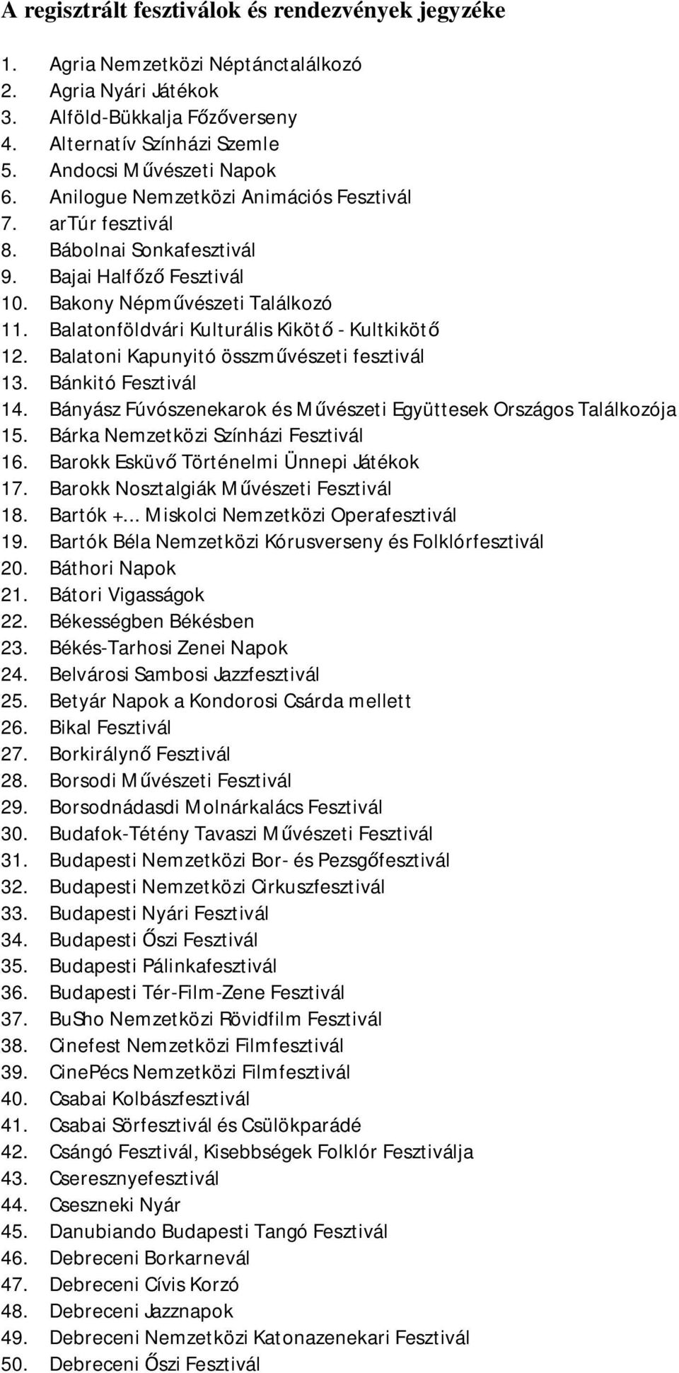 Balatoni Kapunyitó összm vészeti fesztivál 13. Bánkitó Fesztivál 14. Bányász Fúvószenekarok és M vészeti Együttesek Országos Találkozója 15. Bárka Nemzetközi Színházi Fesztivál 16.