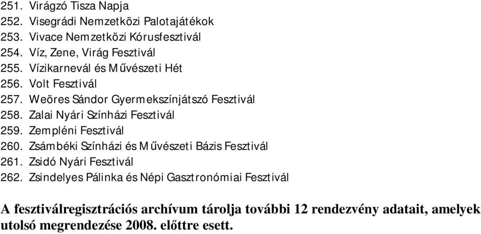 Zempléni Fesztivál 260. Zsámbéki Színházi és M vészeti Bázis Fesztivál 261. Zsidó Nyári Fesztivál 262.