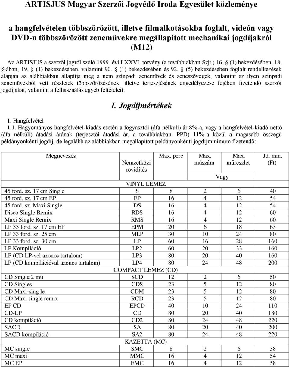 (5) bekezdésében foglalt rendelkezések alapján az alábbiakban állapítja meg a nem színpadi zeneművek és zeneszövegek, valamint az ilyen színpadi zeneművekből vett részletek többszörözésének, illetve