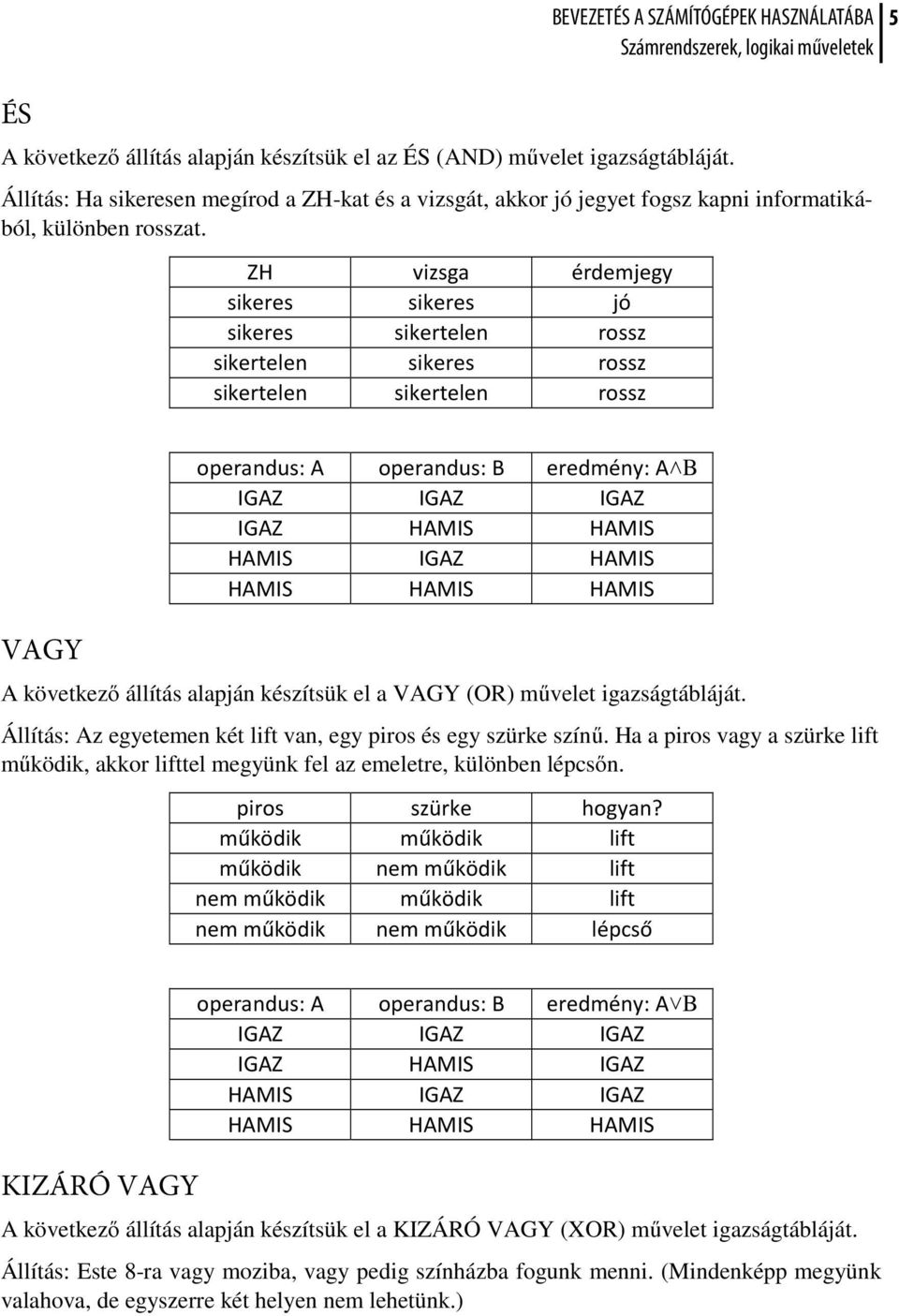 IGAZ HAMIS HAMIS HAMIS HAMIS A következő állítás alapján készítsük el a VAGY (OR) művelet igazságtábláját. Állítás: Az egyetemen két lift van, egy piros és egy szürke színű.