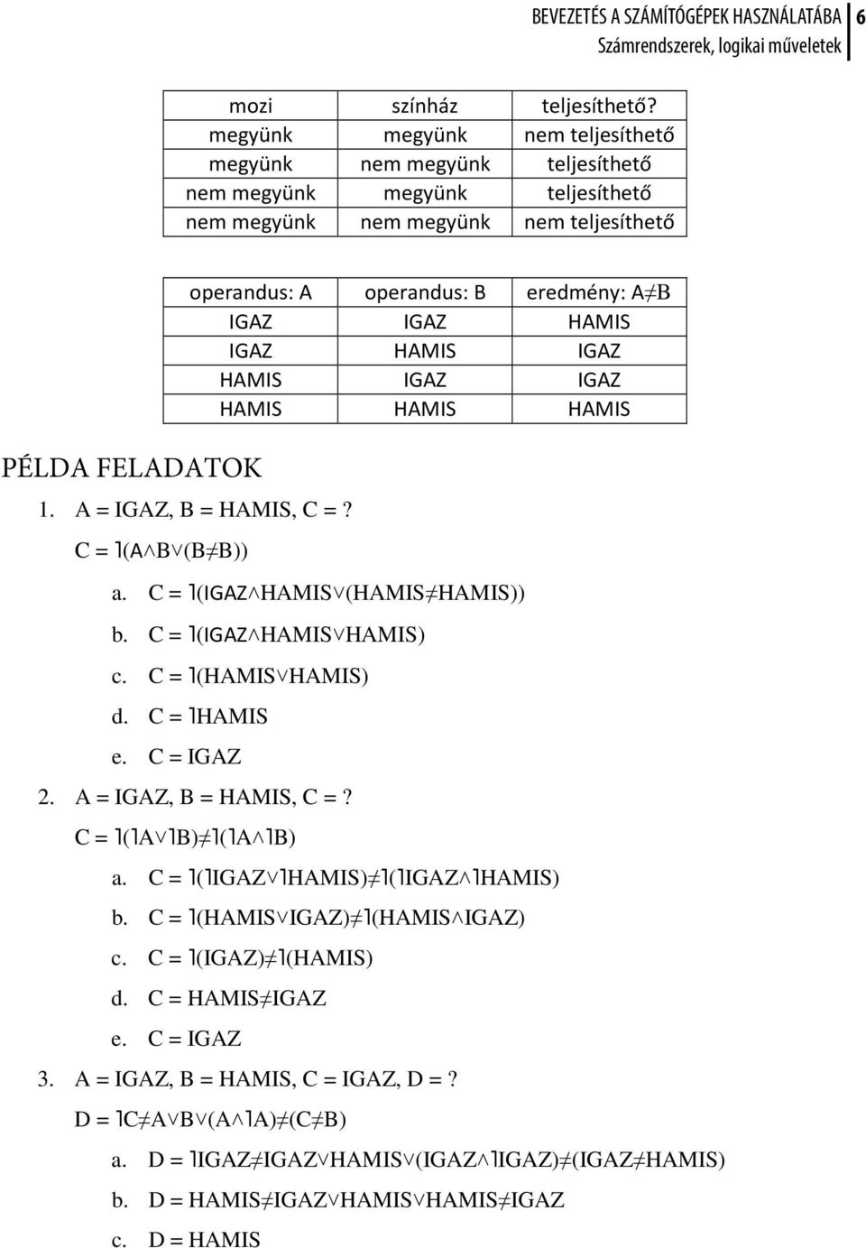 A B IGAZ IGAZ HAMIS IGAZ HAMIS IGAZ HAMIS IGAZ IGAZ HAMIS HAMIS HAMIS 1. A = IGAZ, B = HAMIS, C =? C = (A B (B B)) a. C = (IGAZ HAMIS (HAMIS HAMIS)) b. C = (IGAZ HAMIS HAMIS) c.