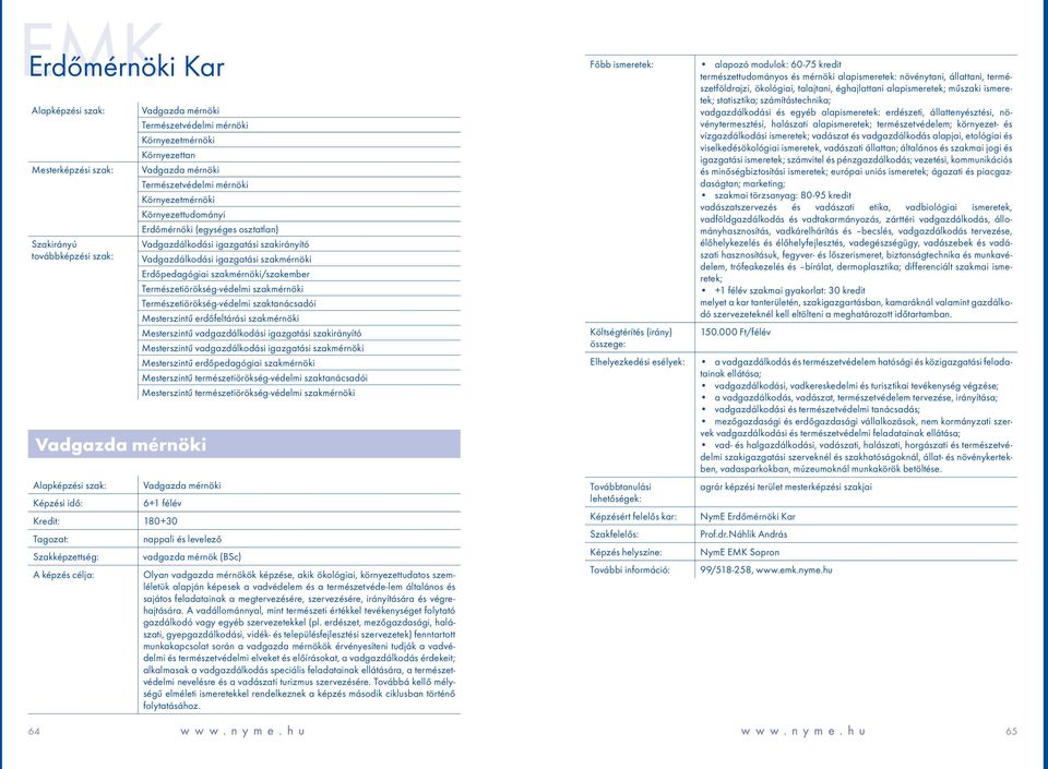 Természetiörökség-védelmi szakmérnöki Természetiörökség-védelmi szaktanácsadói Mesterszintű erdőfeltárási szakmérnöki Mesterszintű vadgazdálkodási igazgatási szakirányító Mesterszintű vadgazdálkodási