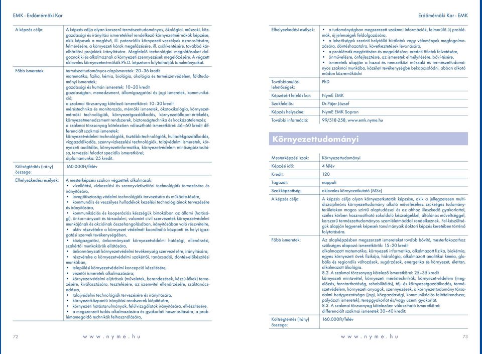 Megfelelő technológiai megoldásokat dolgoznak ki és alkalmaznak a környezeti szennyezések megelőzésére. A végzett okleveles környezetmérnökök Ph.D. képzésen folytathatják tanulmányaikat.