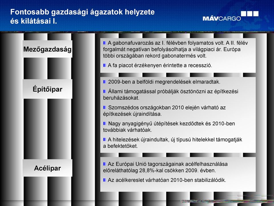 Állami támogatással próbálják ösztönözni az építkezési beruházásokat. Szomszédos országokban 2010 elején várható az építkezések újraindítása.