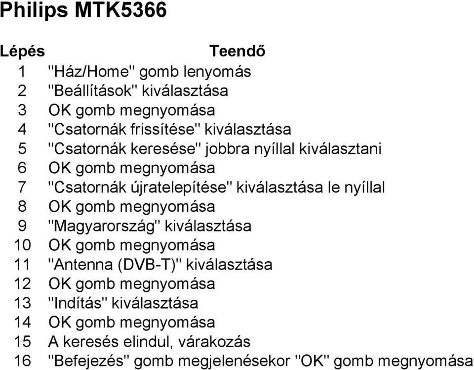 "Magyarország" kiválasztása 10 OK gomb megnyomása 11 "Antenna (DVB-T)" kiválasztása 12 OK gomb megnyomása 13