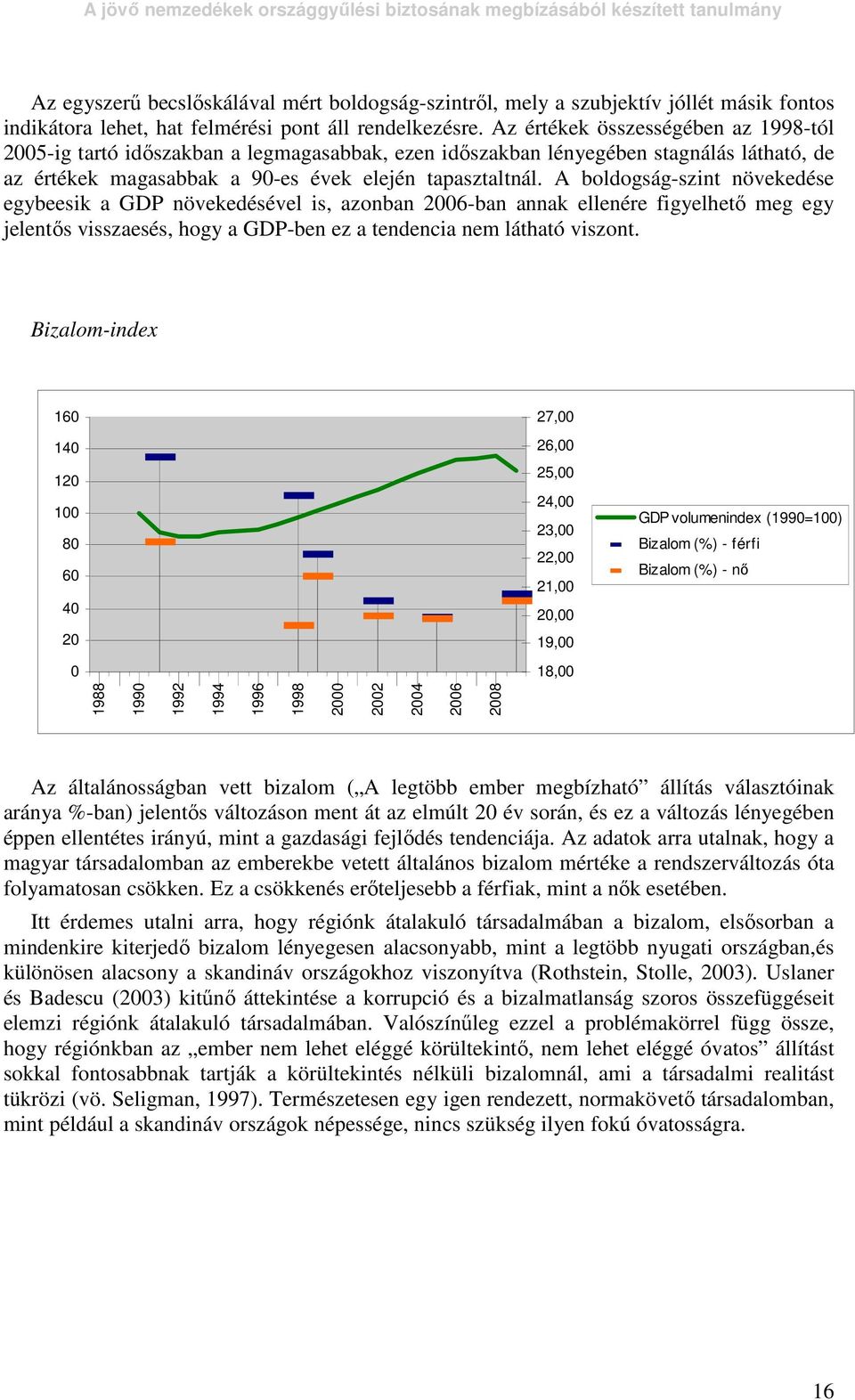 A boldogság-szint növekedése egybeesik a GDP növekedésével is, azonban 2006-ban annak ellenére figyelhetı meg egy jelentıs visszaesés, hogy a GDP-ben ez a tendencia nem látható viszont.