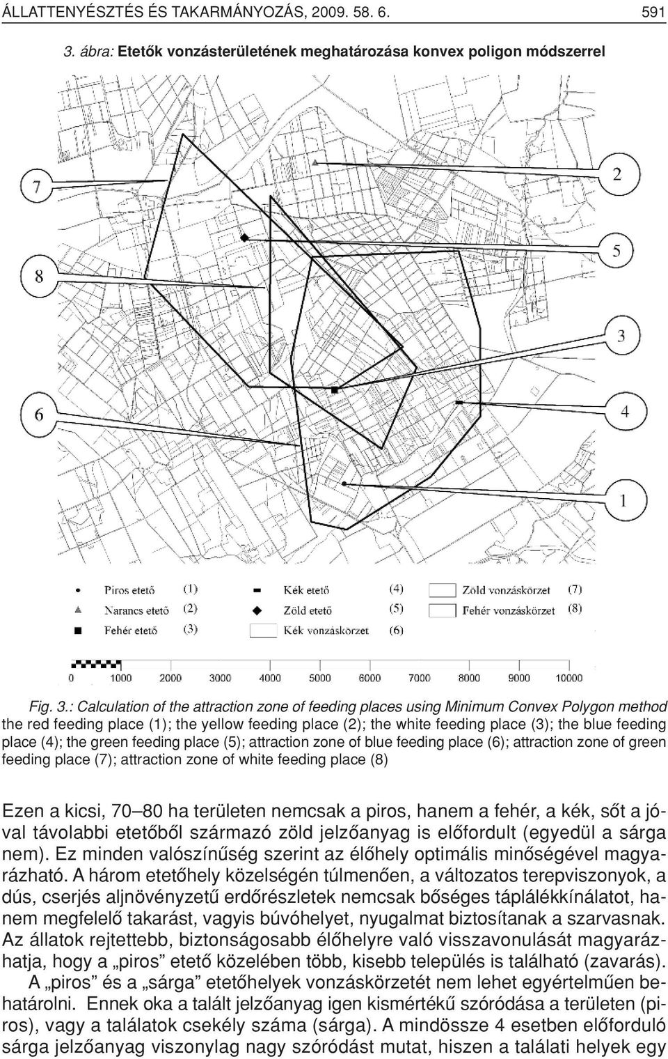 : Calculation of the attraction zone of feeding places using Minimum Convex Polygon method the red feeding place (1); the yellow feeding place (2); the white feeding place (3); the blue feeding place