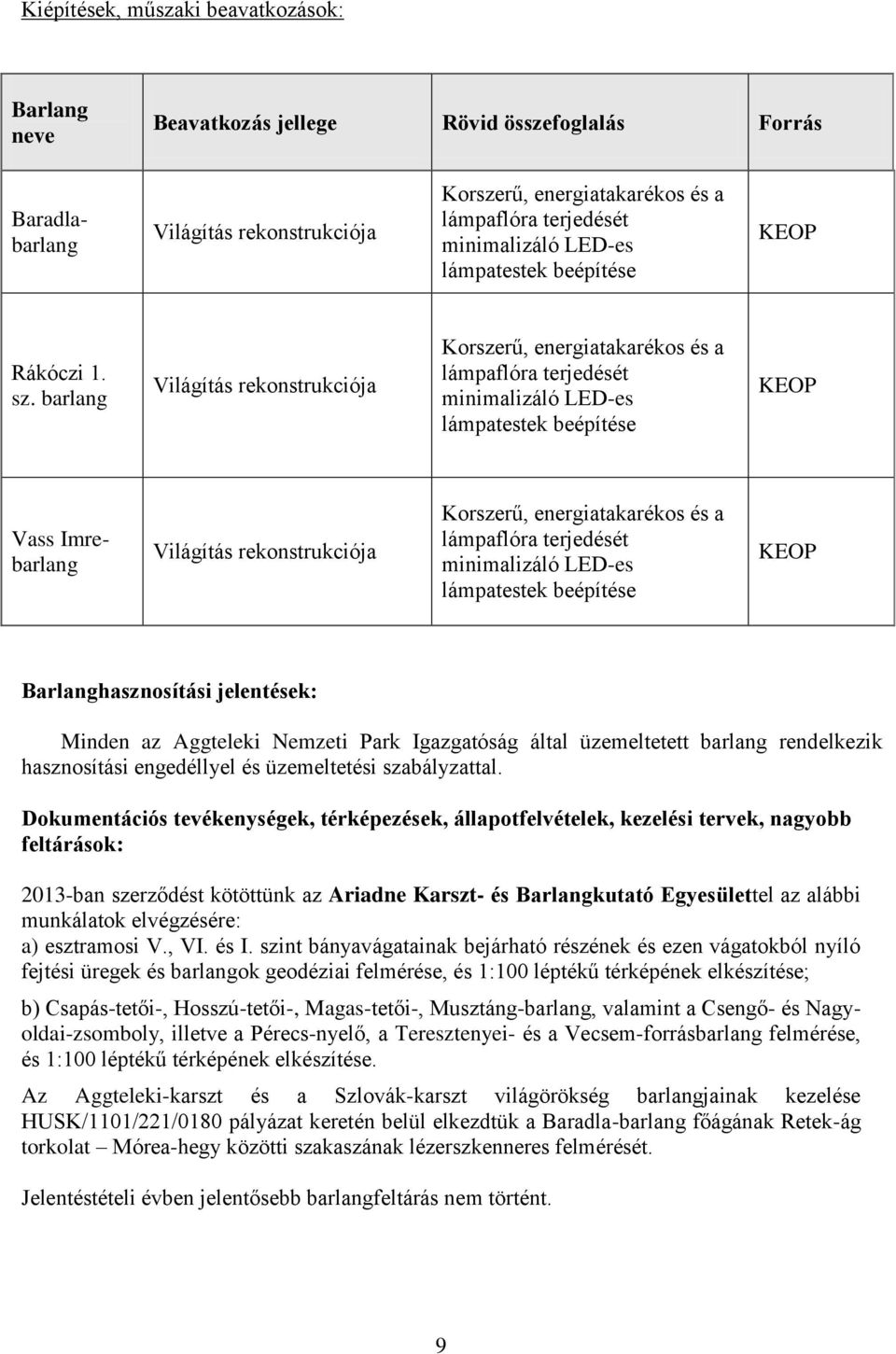barlang Világítás rekonstrukciója Korszerű, energiatakarékos és a lámpaflóra terjedését minimalizáló LED-es lámpatestek beépítése KEOP Vass Imrebarlang Világítás rekonstrukciója Korszerű,