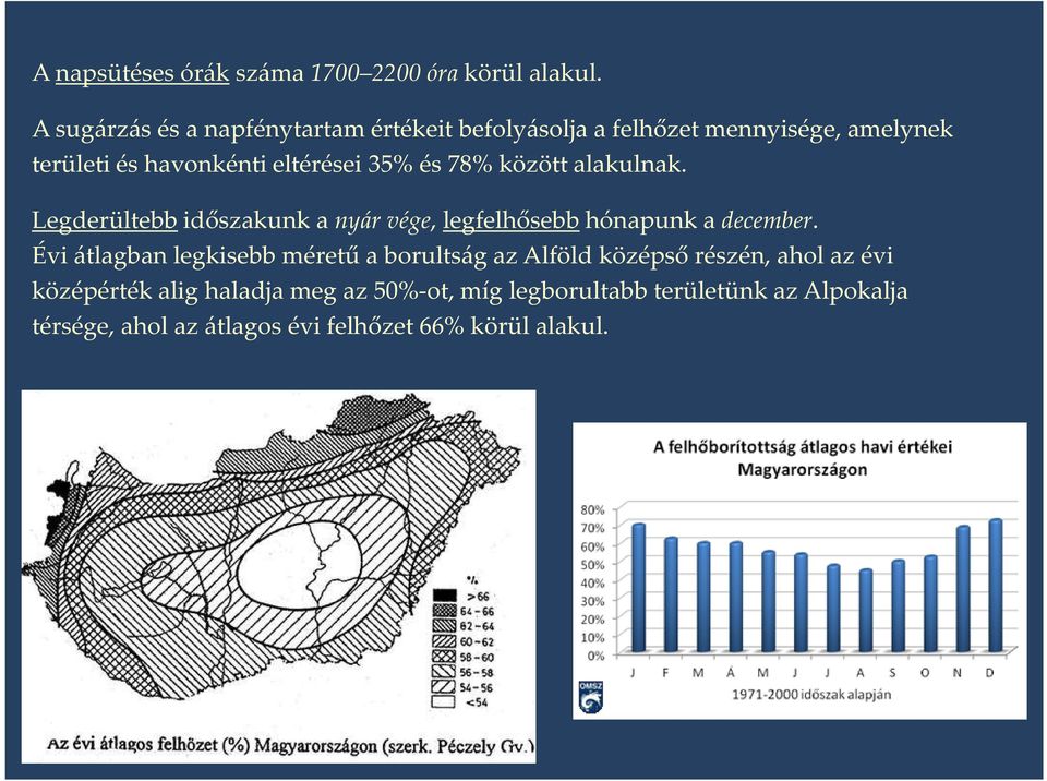 és 78% között alakulnak. Legderültebb időszakunk a nyár vége, legfelhősebb hónapunk a december.