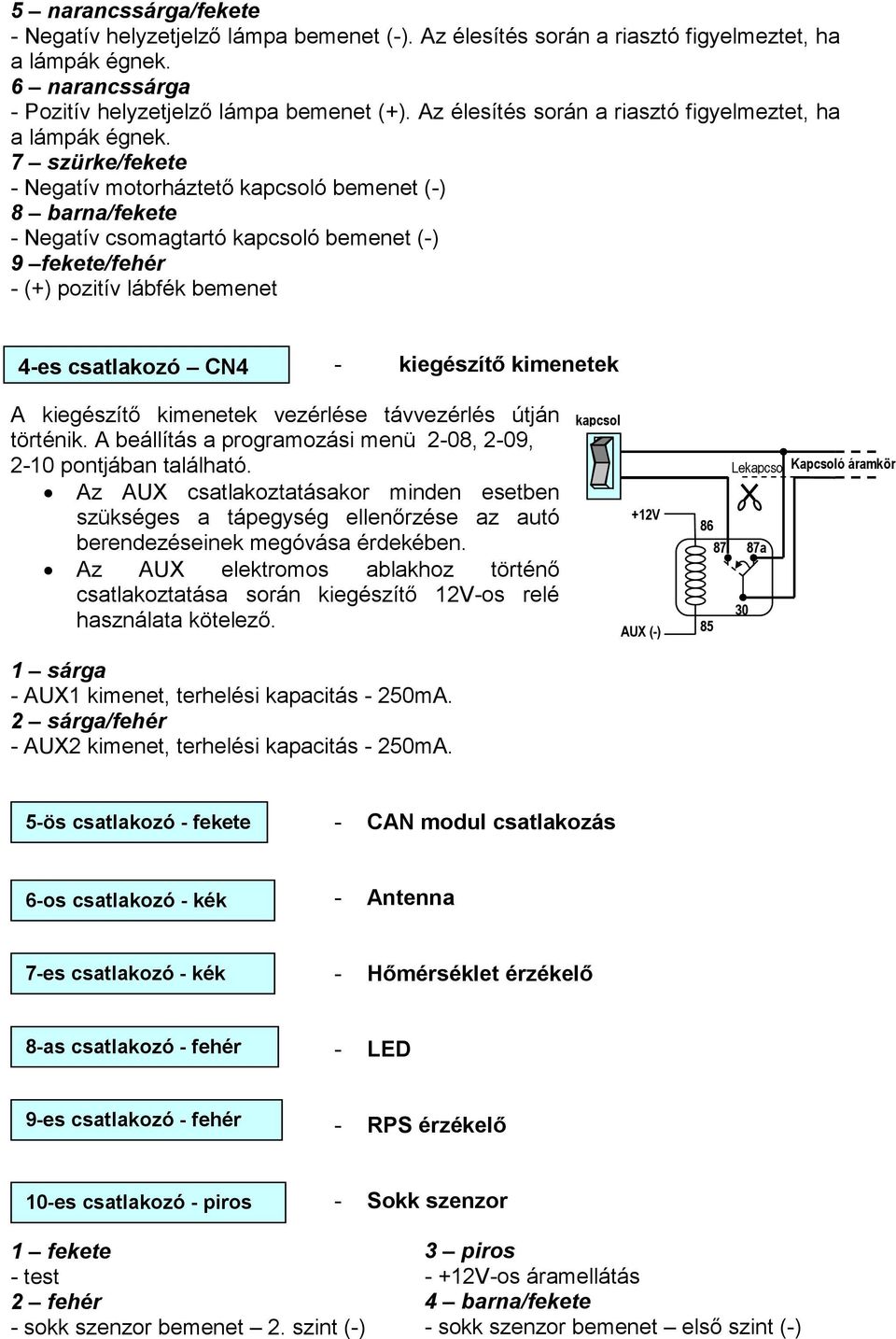 7 szürke/fekete - Negatív motorháztetı kapcsoló bemenet (-) 8 barna/fekete - Negatív csomagtartó kapcsoló bemenet (-) 9 fekete/fehér - (+) pozitív lábfék bemenet 4-es csatlakozó CN4 - kiegészítı