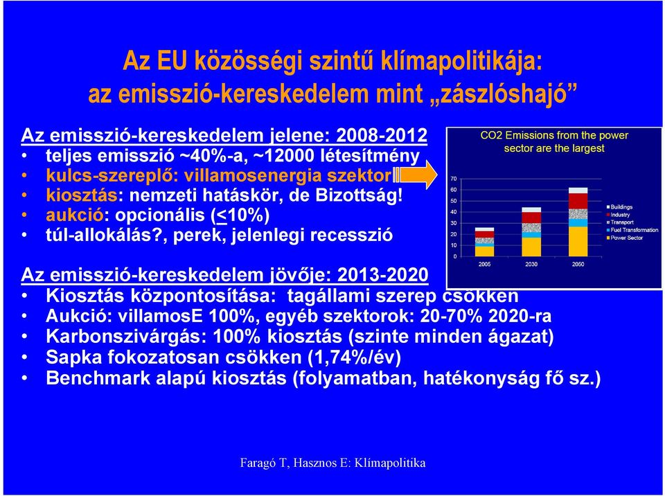 , perek, jelenlegi recesszió Az emisszió-kereskedelem jövője: 2013-2020 Kiosztás központosítása: tagállami szerep csökken Aukció: villamose 100%, egyéb