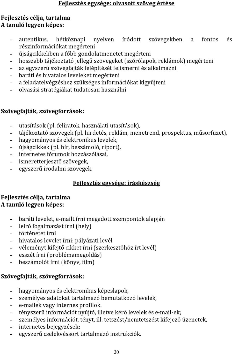 hivatalos leveleket megérteni - a feladatelvégzéshez szükséges információkat kigyűjteni - olvasási stratégiákat tudatosan használni Szövegfajták, szövegforrások: - utasítások (pl.