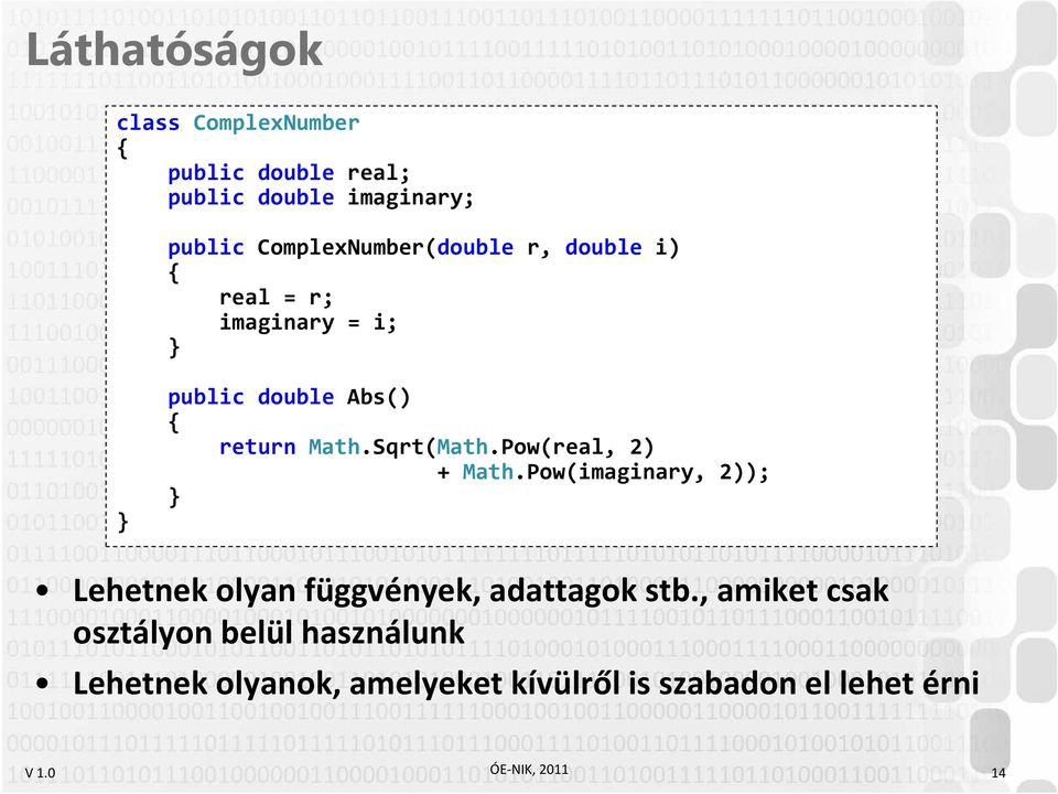 Sqrt(Math.Pow(real, 2) + Math.Pow(imaginary, 2)); Lehetnek olyan függvények, adattagok stb.