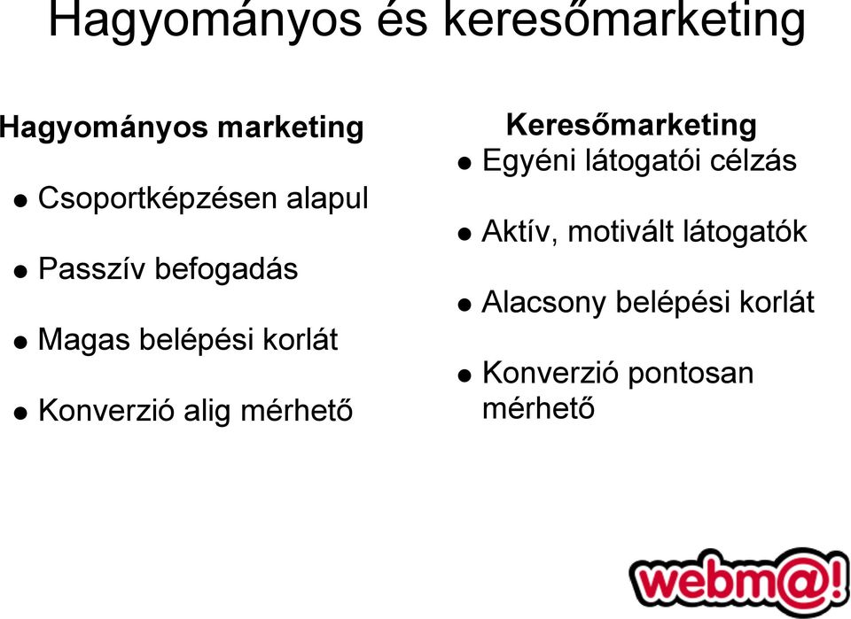 Konverzió alig mérhető Keresőmarketing Egyéni látogatói célzás