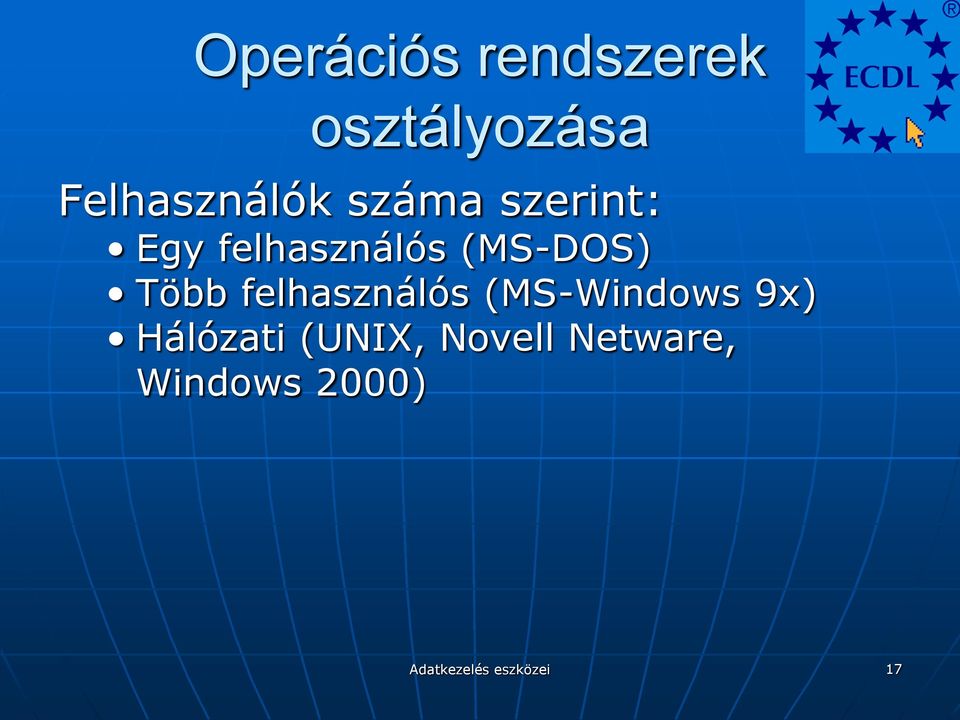 felhasználós (MS-Windows 9x) Hálózati (UNIX,