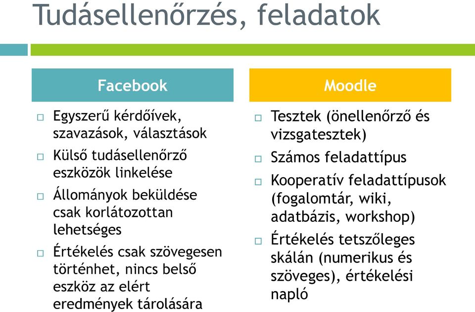 Értékelés csak szövegesen történhet, nincs belső eszköz az elért eredmények tárolására Számos feladattípus