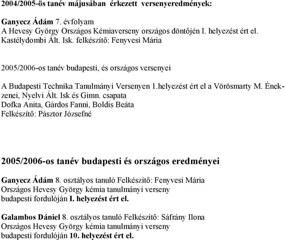 csapata Dofka Anita, Gárdos Fanni, Boldis Beáta Felkészítő: Pásztor Józsefné 2005/2006-os tanév budapesti és országos eredményei Ganyecz Ádám 8.