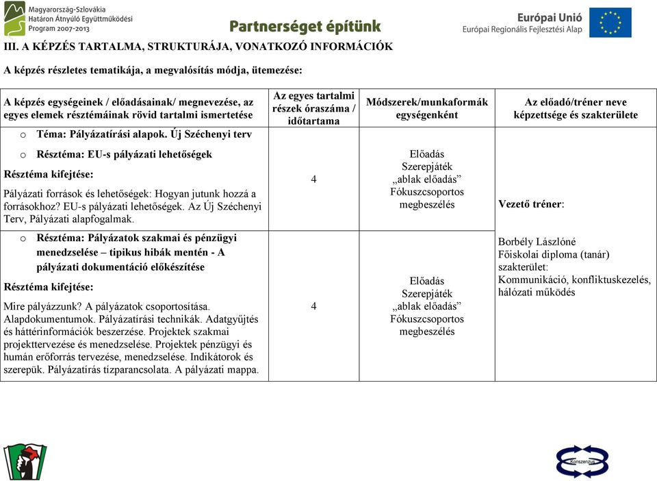 Új Széchenyi terv Az egyes tartalmi részek óraszáma / időtartama Módszerek/munkaformák egységenként Az előadó/tréner neve képzettsége és szakterülete o Résztéma: EU-s pályázati lehetőségek Pályázati