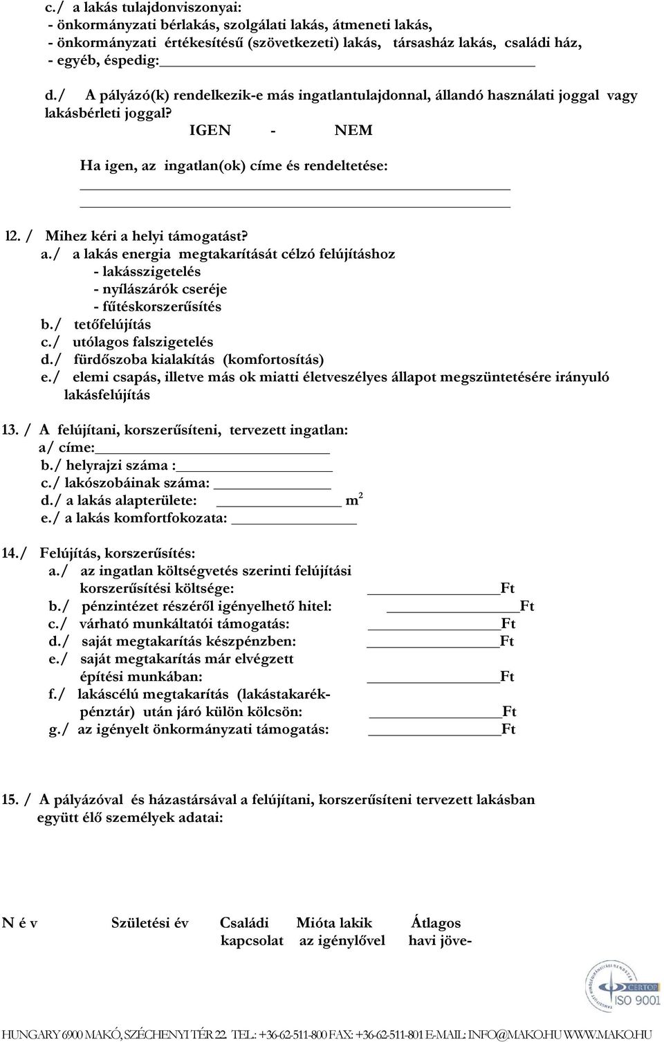 ingatlan(ok) címe és rendeltetése: l2. / Mihez kéri a helyi támogatást? a./ a lakás energia megtakarítását célzó felújításhoz - lakásszigetelés - nyílászárók cseréje - fűtéskorszerűsítés b.