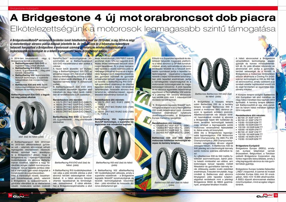 Az innovációra és a folyamatos fejlesztésre helyezett hangsúllyal a Bridgestone a motorosok számára a motorozás minden kategóriájában a legkorszerűbb technológiát és a lehető legmagasabb szintű