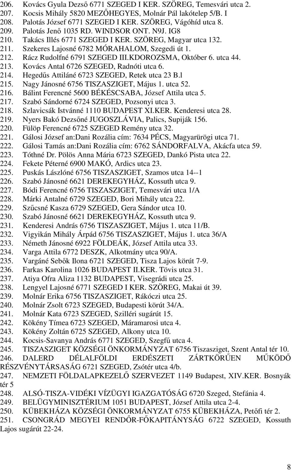 KDOROZSMA, Október 6. utca 44. 213. Kovács Antal 6726 SZEGED, Radnóti utca 6. 214. Hegedűs Attiláné 6723 SZEGED, Retek utca 23 B.l 215. Nagy Jánosné 6756 TISZASZIGET, Május 1. utca 52. 216.