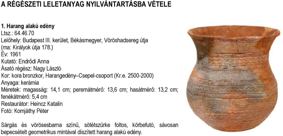 ) Év: 1961 Kutató: Endrődi Anna Ásató régész: Nagy László Kor: kora bronzkor, Haranged