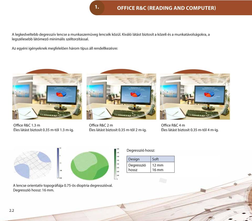 Az egyéni igényeknek megfelelően három típus áll rendellkezésre: Office R&C 1.3 m Éles látást biztosít 0.35 m-től 1.3 m-ig.