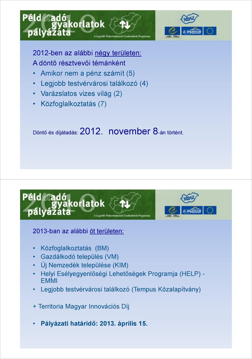 2013-ban az alábbi öt területen: Közfoglalkoztatás (BM) Gazdálkodó település (VM) Új Nemzedék települése (KIM) Helyi