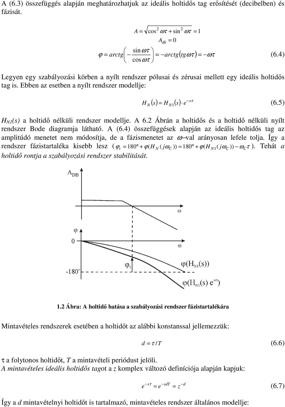 5) N (s) a holtd nélkül rendszer modellje. A 6.2 Ábrán a holtds és a holtd nélkül nyílt rendszer Bode dagramja látható. A (6.