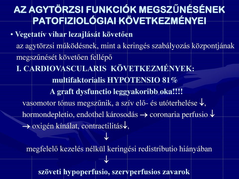 CARDIOVASCULARIS KÖVETKEZMÉNYEK: multifaktorialis HYPOTENSIO 81% A graft dysfunctio leggyakoribb oka!