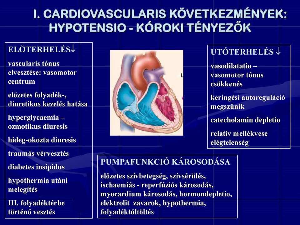 folyadéktérbe történő vesztés PUMPAFUNKCIÓ KÁROSODÁSA előzetes szívbetegség, szívsérülés, ischaemiás - reperfúziós károsodás, myocardium károsodás,