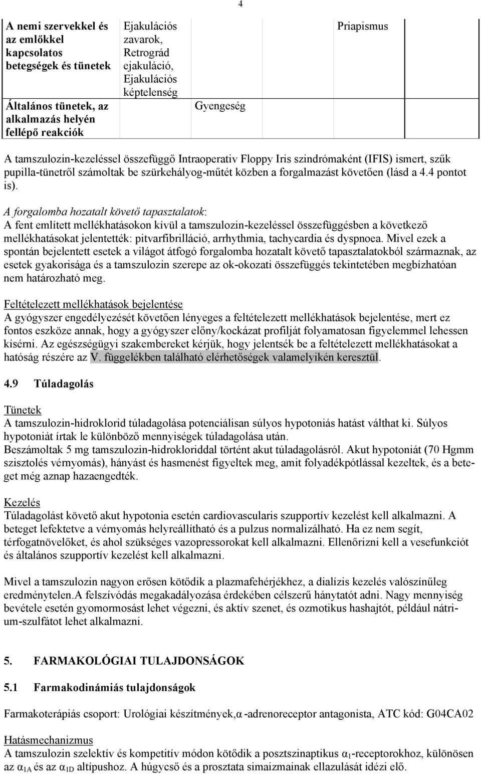 A forgalomba hozatalt követő tapasztalatok: A fent említett mellékhatásokon kívül a tamszulozin-kezeléssel összefüggésben a következő mellékhatásokat jelentették: pitvarfibrilláció, arrhythmia,