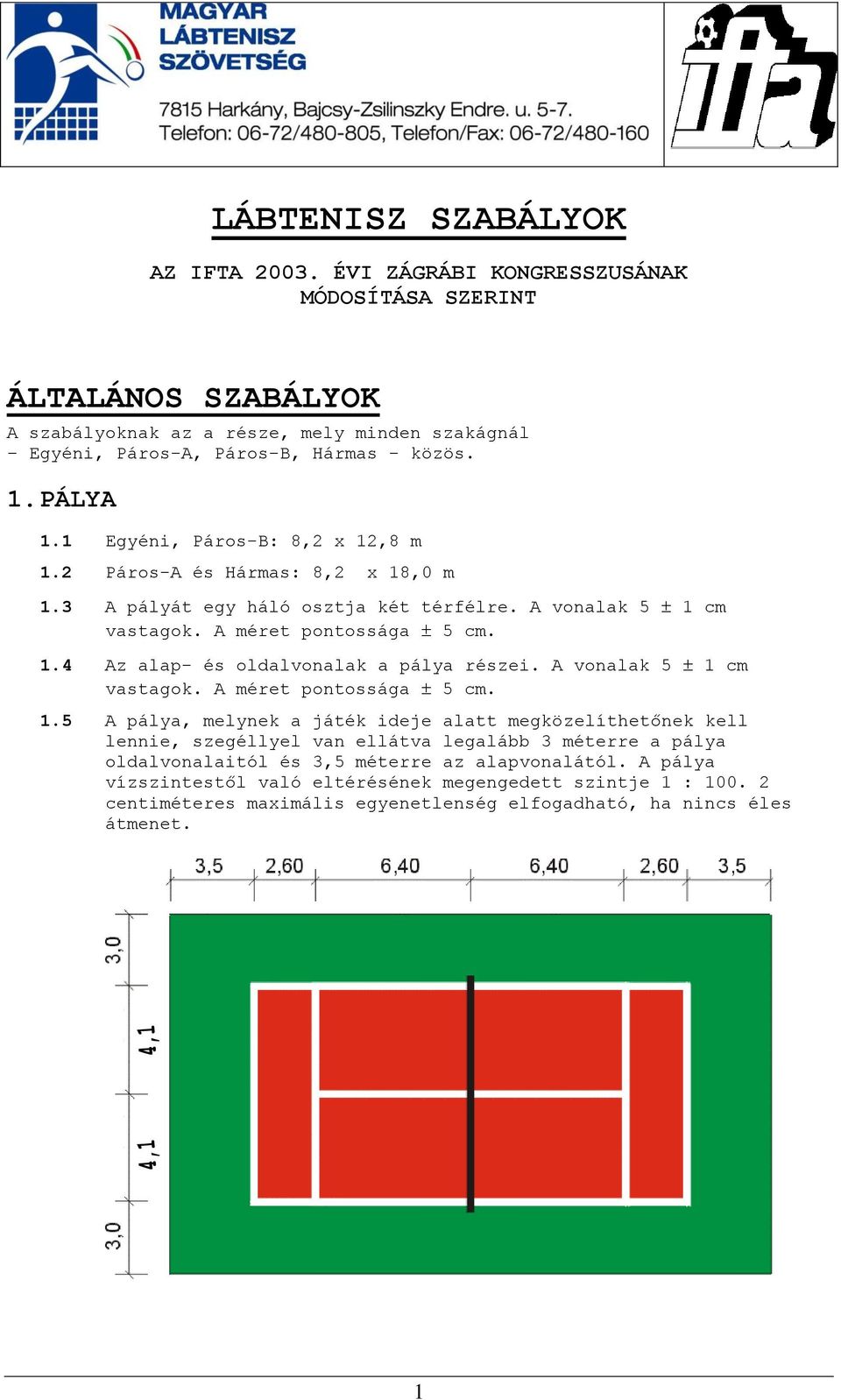 A vonalak 5 1 cm vastagok. A méret pontossága 5 cm. 1.5 A pálya, melynek a játék ideje alatt megközelíthetőnek kell lennie, szegéllyel van ellátva legalább 3 méterre a pálya oldalvonalaitól és 3,5 méterre az alapvonalától.