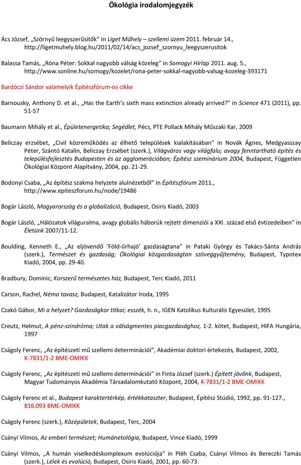 hu/somogy/kozelet/rona-peter-sokkal-nagyobb-valsag-kozeleg-393171 Bardóczi Sándor valamelyik Építészfórum-os cikke Barnousky, Anthony D. et al., Has the Earth s sixth mass extinction already arrived?