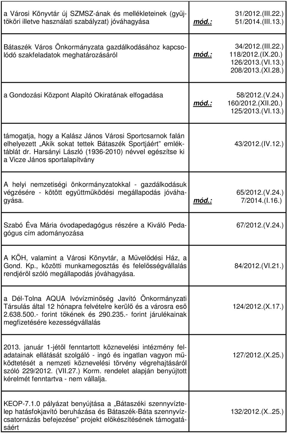 ) a Gondozási Központ Alapító Okiratának elfogadása 58/2012.(V.24.) 160/2012.(XII.20.) 125/2013.